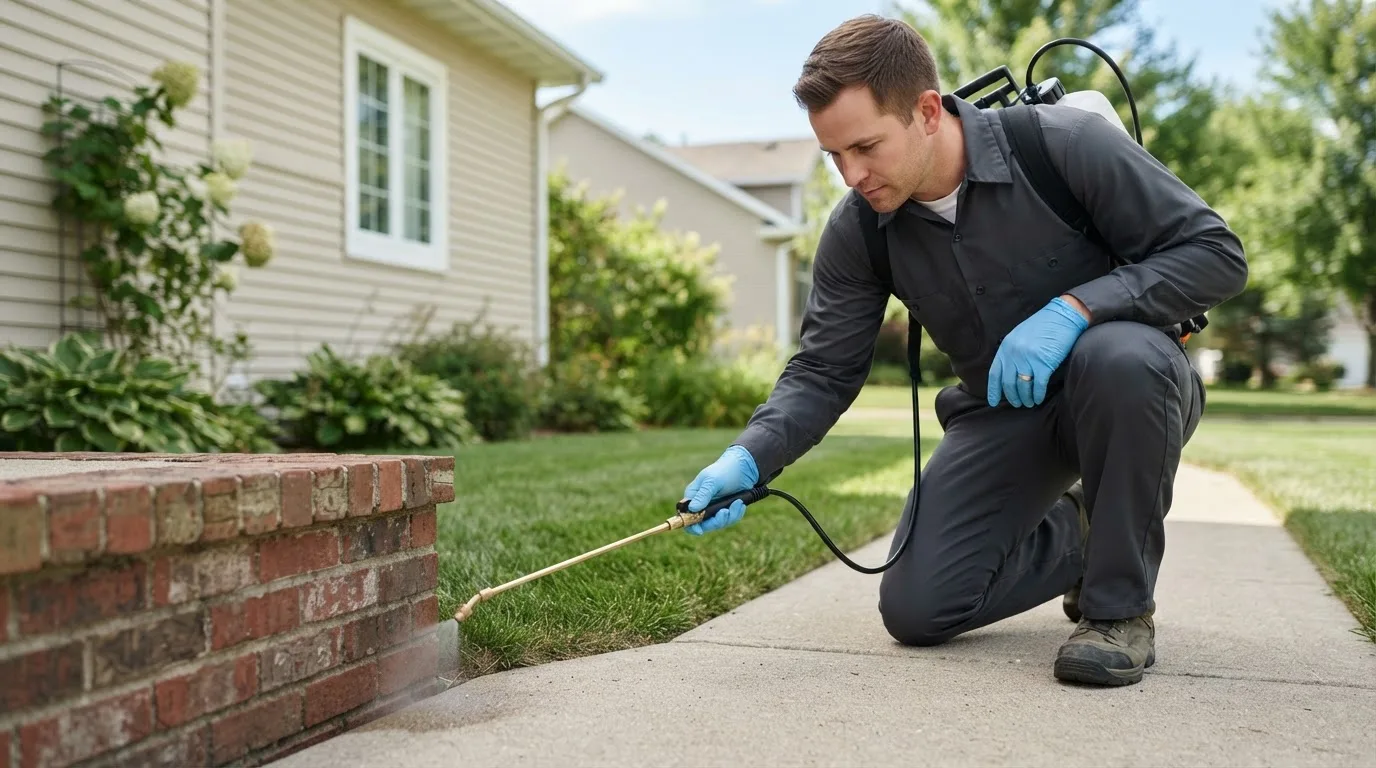Pest control technician treating a home near Lakewood, OH